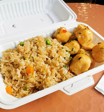 Chicken balls with vegetable fried rice