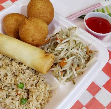 Combo A: chicken balls, fried rice, chop suey and a spring roll